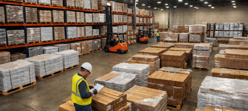 Workers in a warehouse surrounded by stacked pallets of boxes, with two forklifts in the background. One worker is inspecting pallets, wearing a yellow safety vest and a white hard hat.