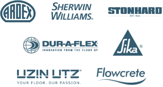 Logos of brands including GAF, Sherwin Williams, Sto, Dur-A-Flex, Sika, Uzin UTZ, and Flowcrete.