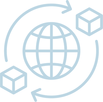 Global network with two 3D cubes and circular arrows connecting a globe icon.
