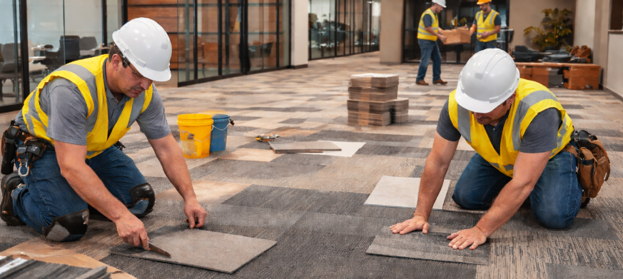 Construction workers installing carpet tiles inside a building, wearing safety helmets and vests, with tools and stacks of tiles nearby.