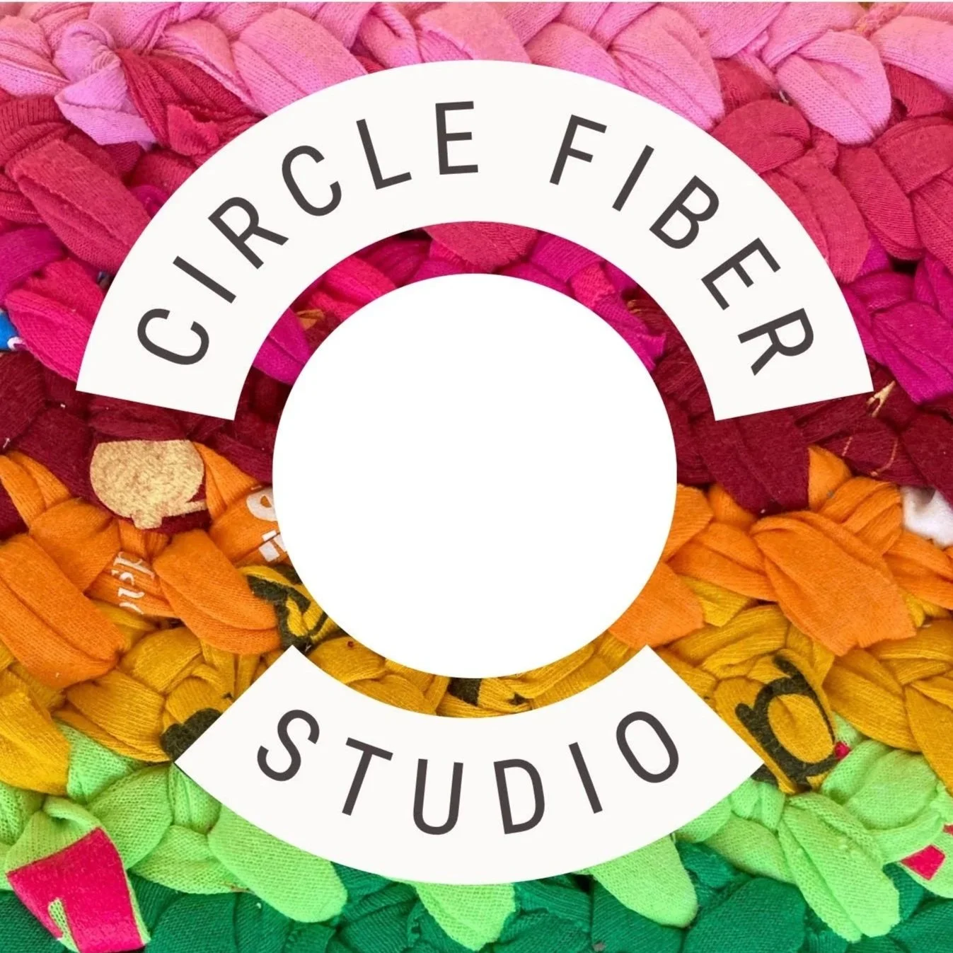 Circle Fiber Studio logo which includes the words Circle Fiber Studio in a circle over a rainbow braided rag rug