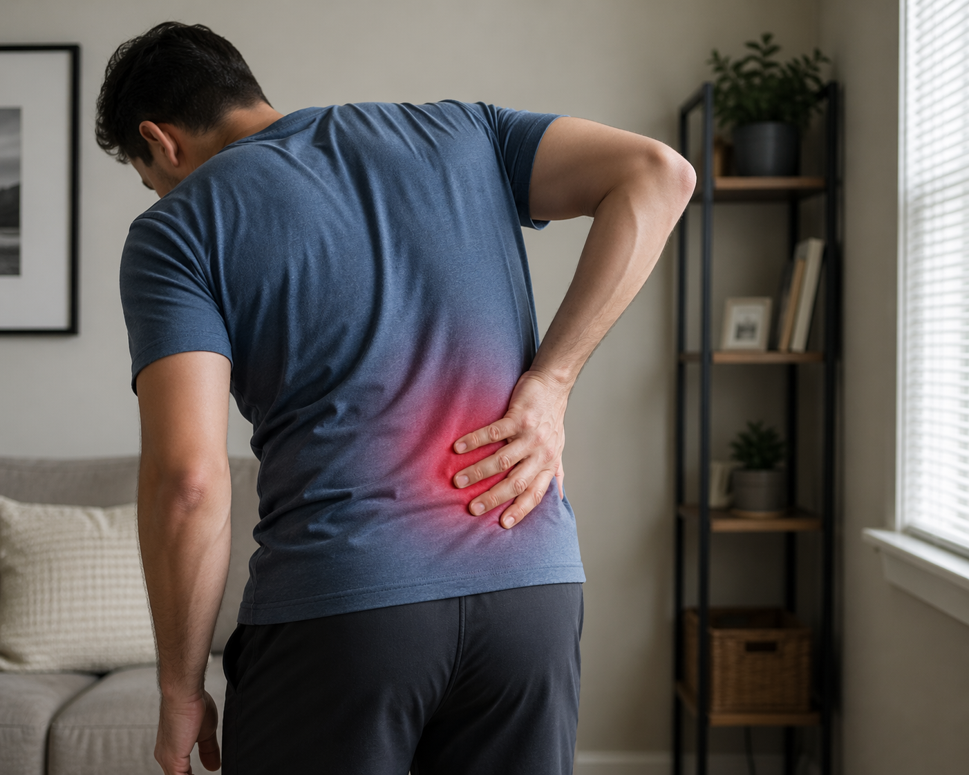 A man is holding his lower back with his right hand, experiencing pain, in a home interior. The area of pain is highlighted in red.