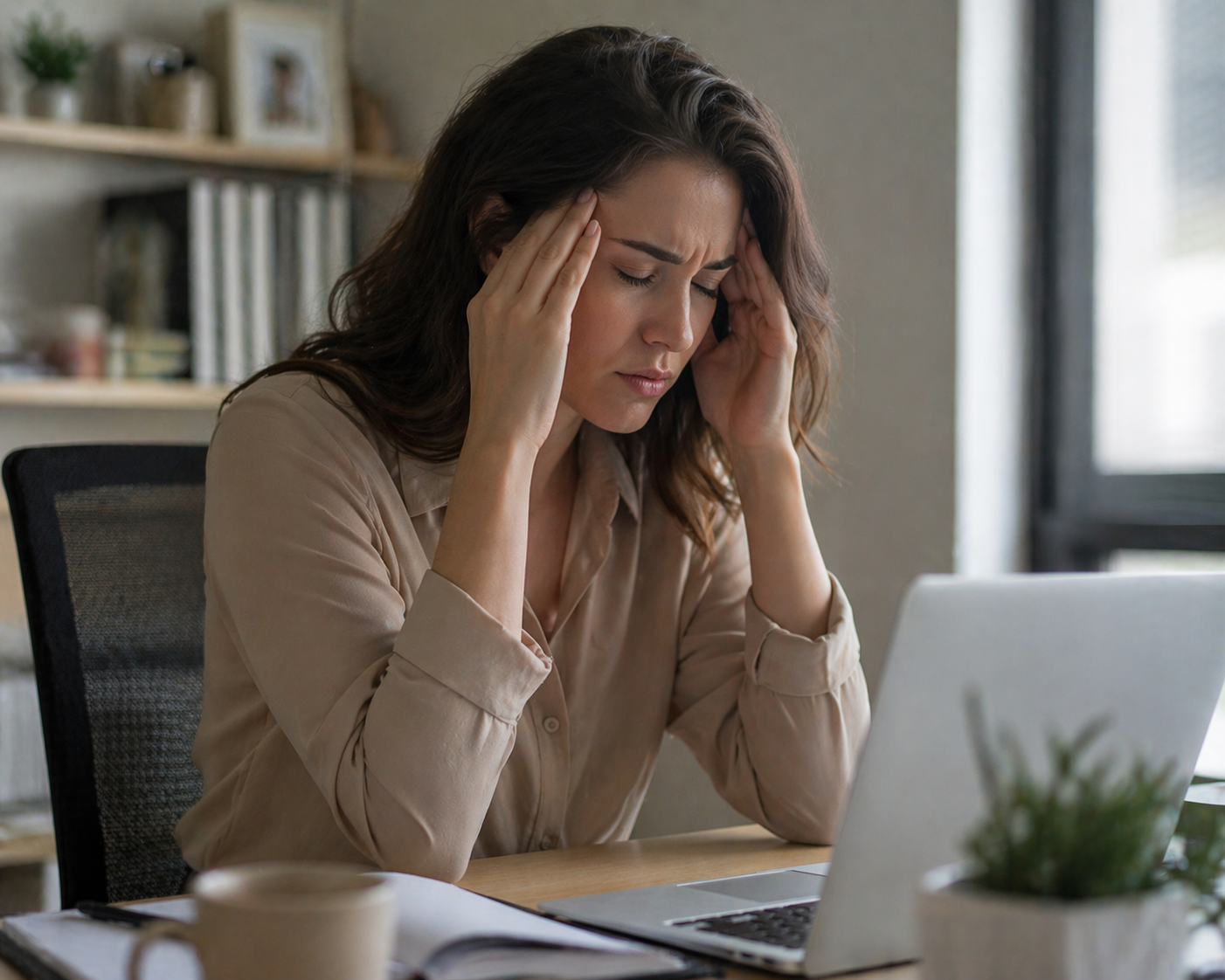 A woman sitting at a desk holding her head in distress while looking at a laptop in a bright room.