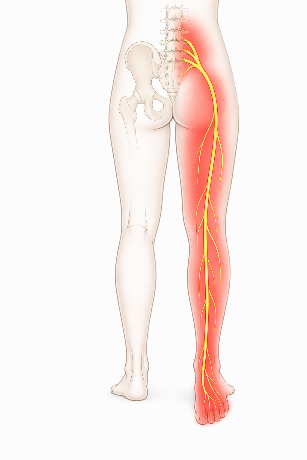 Diagram of the human lower back and leg showing nerves radiating from the spinal cord to the leg, with a red highlight indicating pain or inflammation.