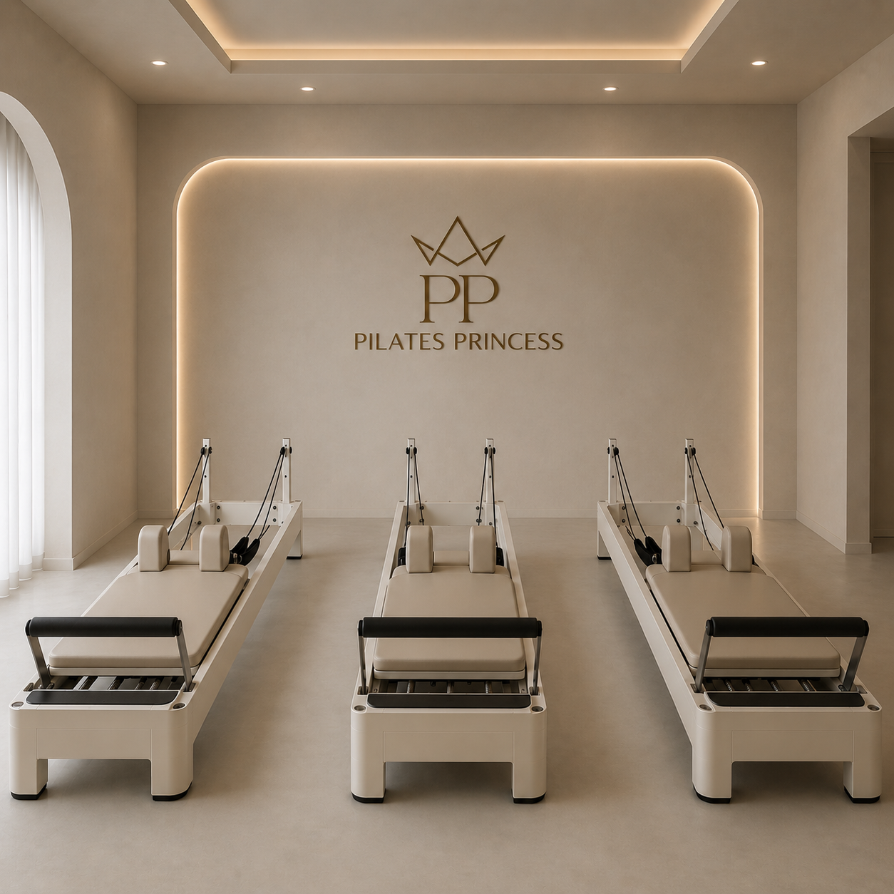 Three Pilates reformer machines in a minimalist studio with the sign 'Pilates Princess' and a crown logo on the wall.
