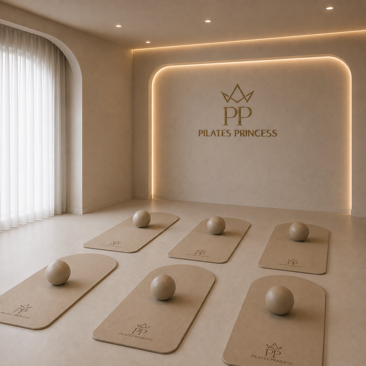 A Pilates studio with six beige mats and balls laid out on a light-colored floor. The wall displays a logo for 'Pilates Princess' with a crown icon and the initials 'PP'. The room has soft lighting and a large window with sheer curtains.