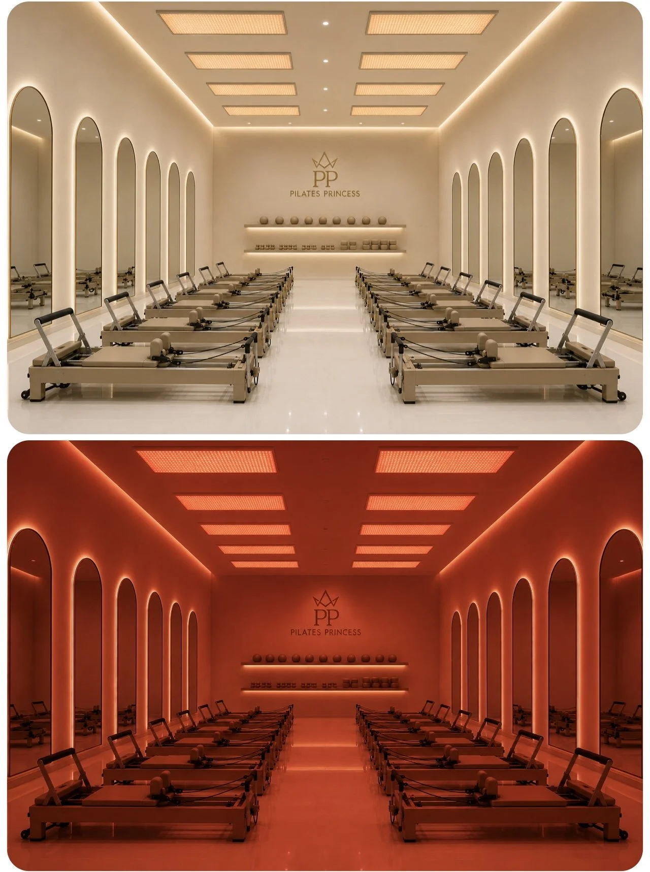 Comparison of Pilates studio with bright white interior and mirrored walls in the daytime, and a similar studio illuminated with red LED lighting at night, with the same layout and equipment, branding as "Pilates Princess".