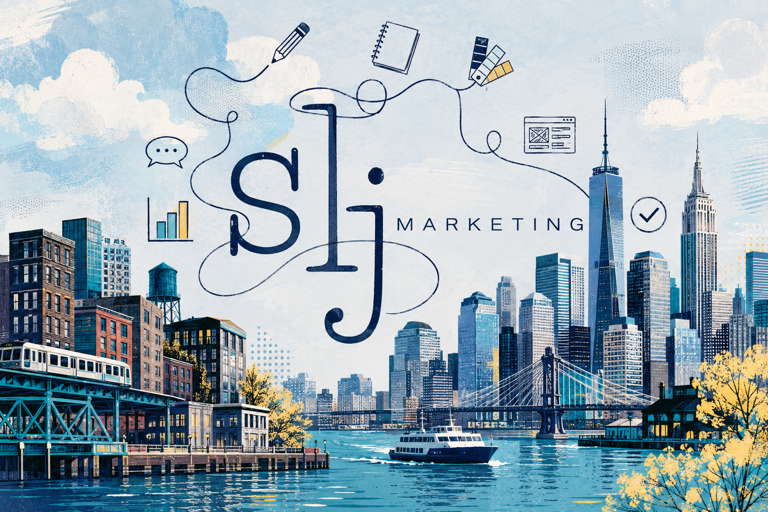 Illustration of New York City skyline with water and a boat in the foreground, and the World Trade Center and Empire State Building in the background. Overlaid text says 'SEO Marketing' with graphic icons related to digital marketing, such as charts, a computer screen, paint swatches, a notepad, a chat bubble, and a check mark.