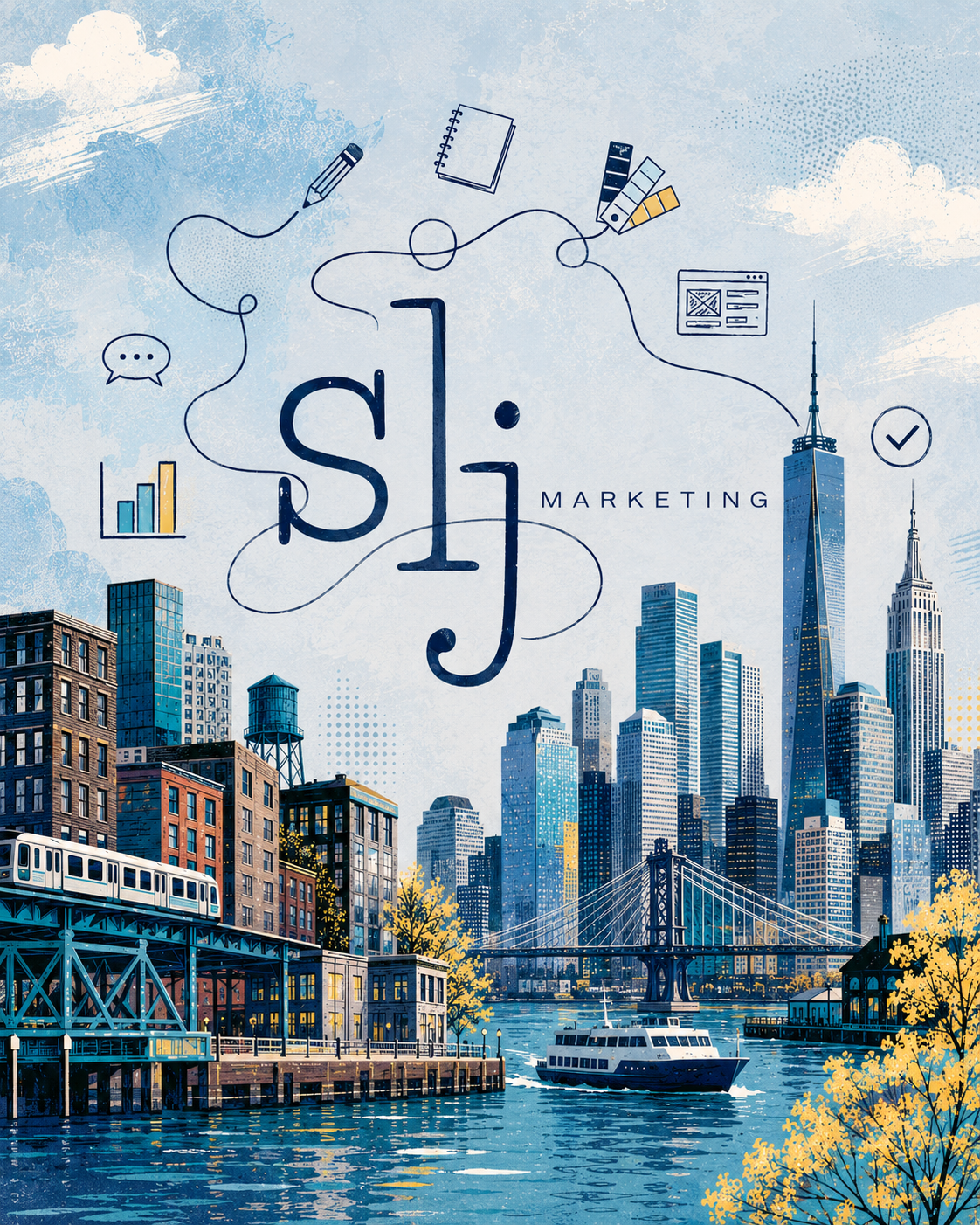 City skyline with tall buildings, a bridge, and a river with boats. Urban scenery with digital marketing icons and the words 'SEO Marketing'.