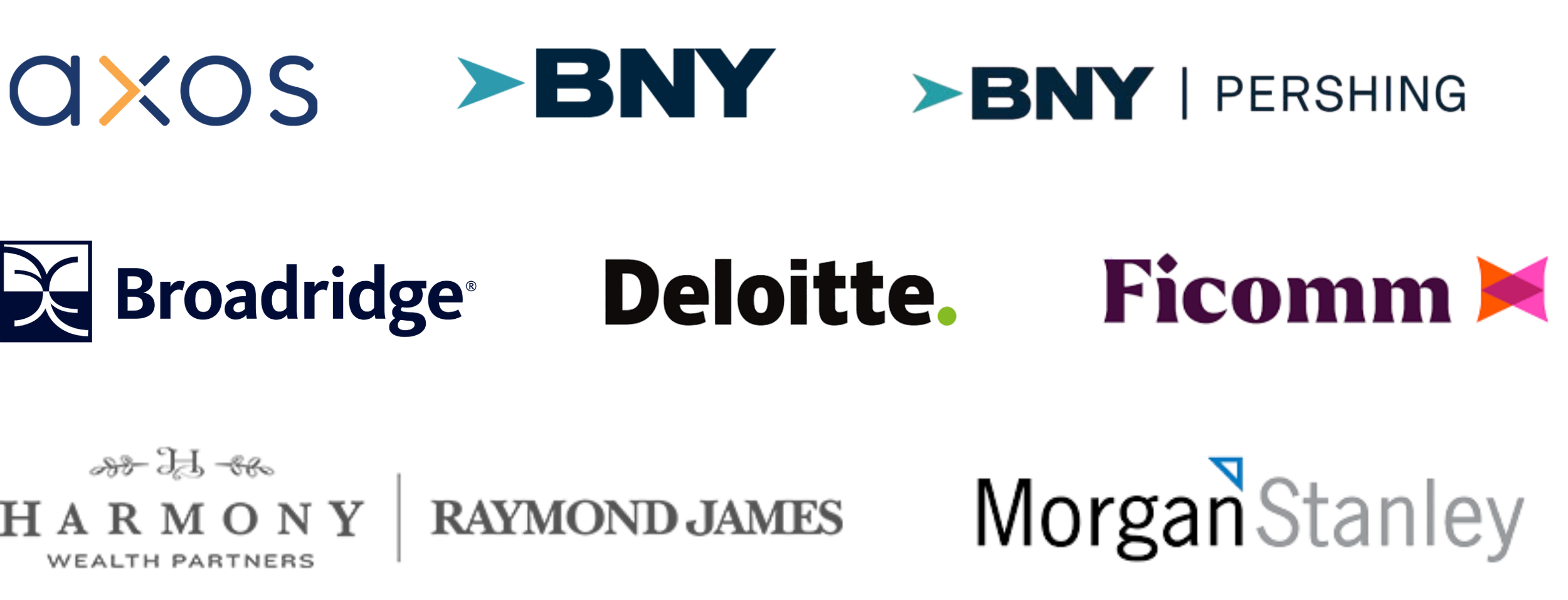 Collage of logos from various companies including AXS, BNY Pershing, Broadridge, Deloitte, Ricoh, Raymond James, Staley, and Harmoney.