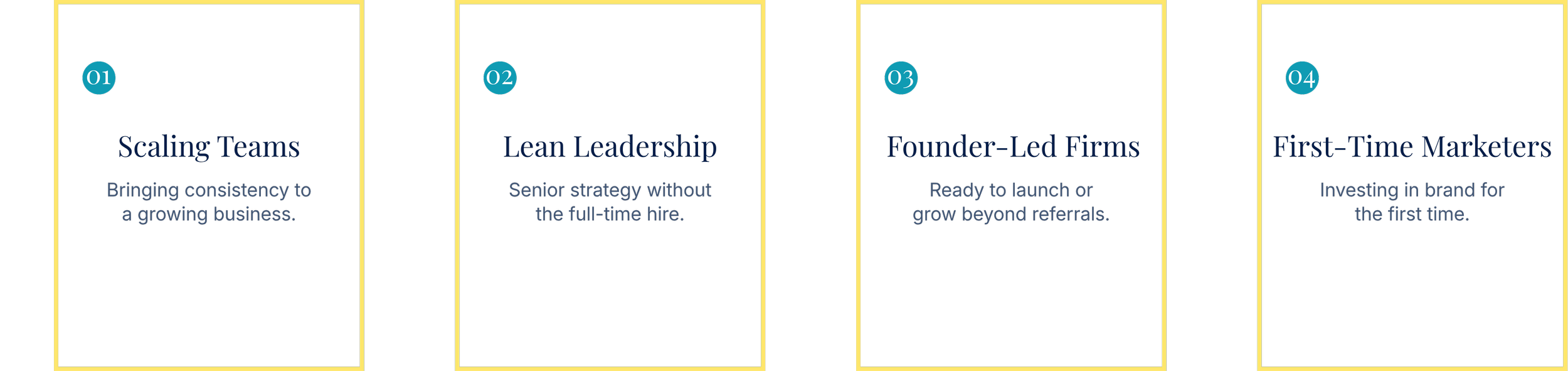 Four dark blue information cards with yellow borders, numbered 01 to 04, each containing a headline and description text about business topics.