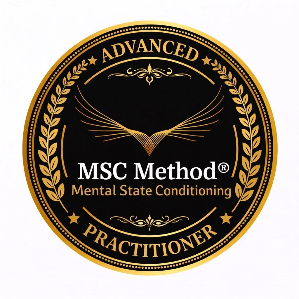 A circular badge with a gold and black design that reads 'MSC Method®, Mental State Conditioning, Practitioner, Advanced' with ornamental wings and laurel wreath accents.