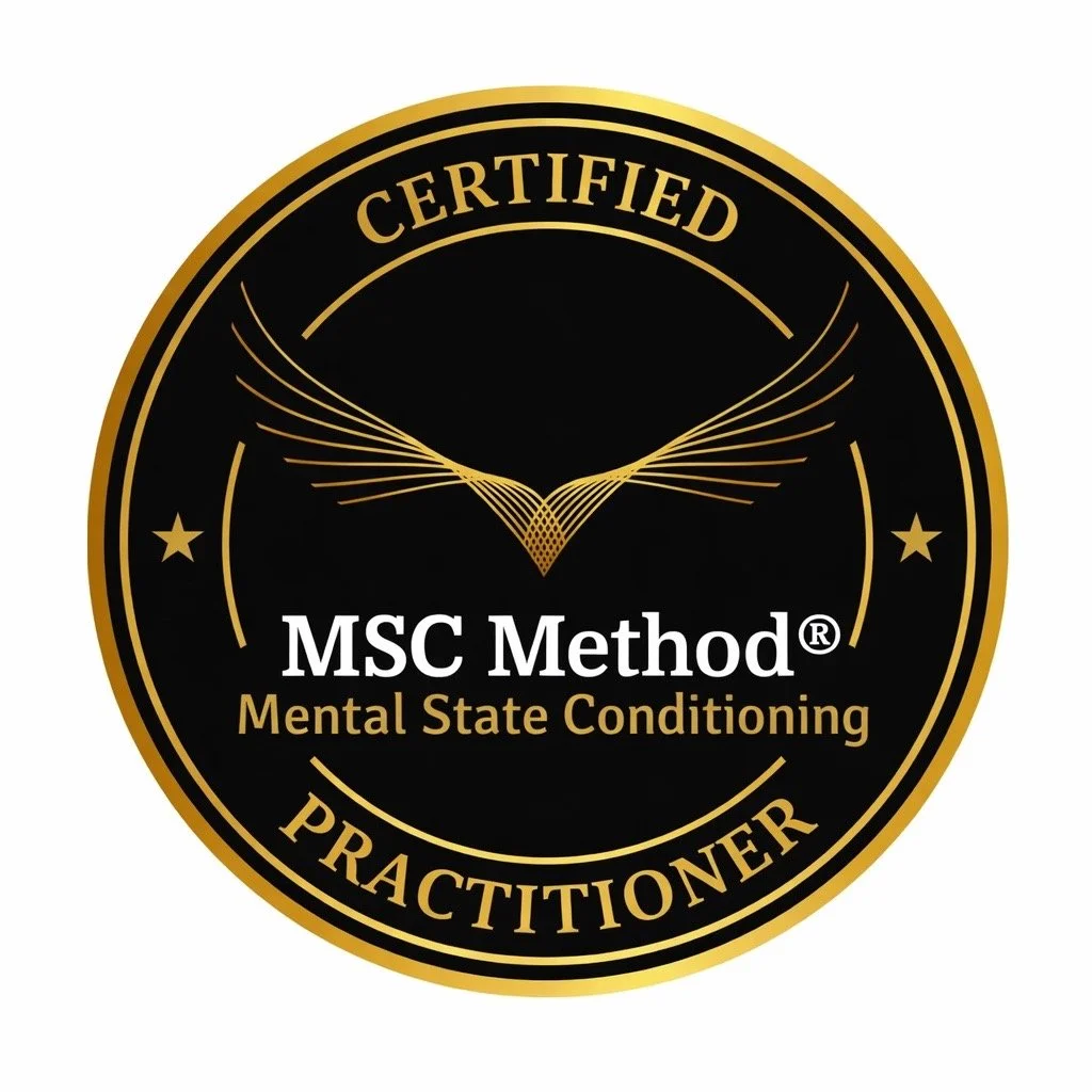 A circular badge with a black background, gold border, and gold text that reads "Certified Practitioner MSC Method® Mental State Conditioning." The badge features a stylized gold butterfly or wing design at the center.