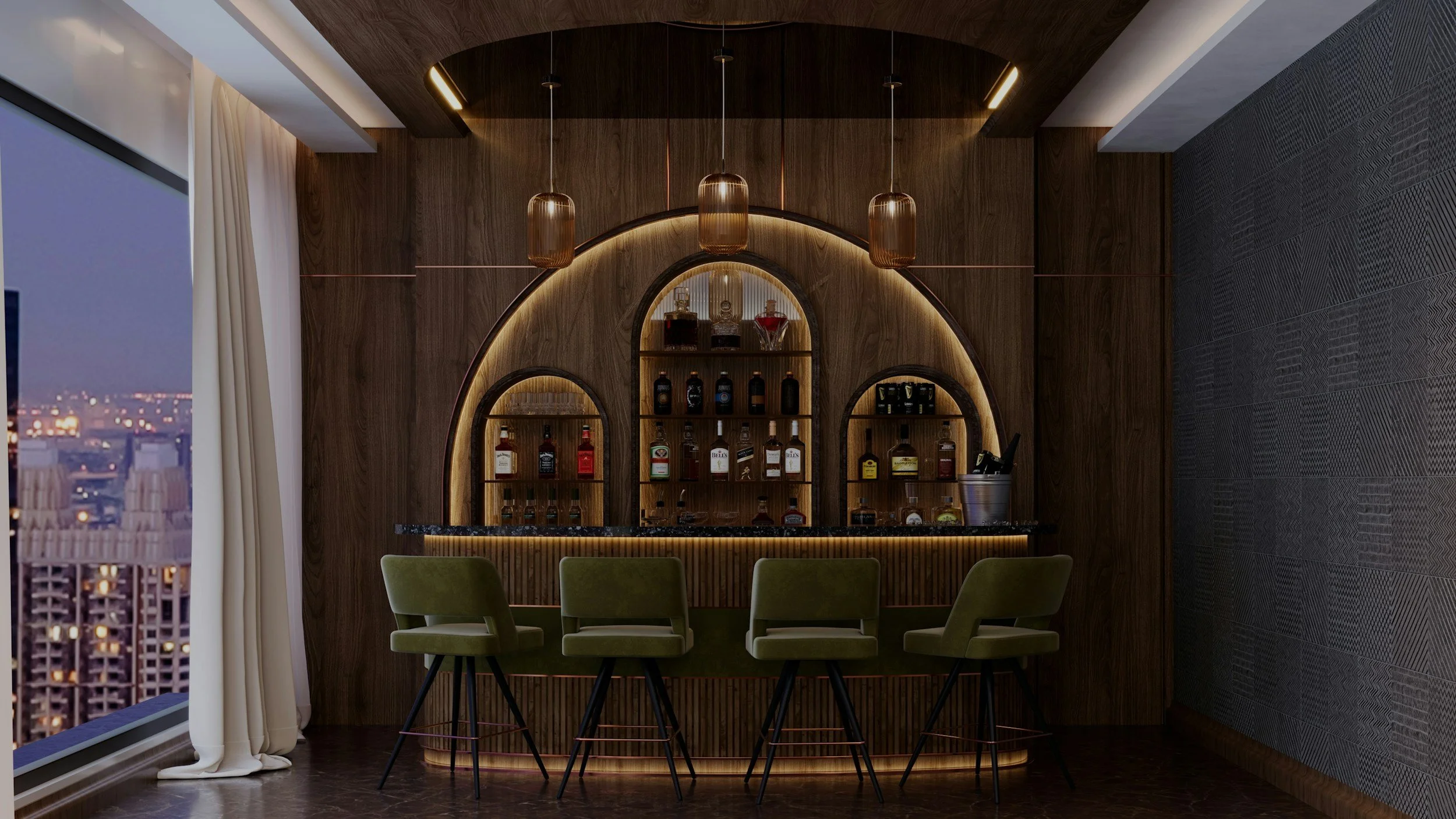 Indoor bar area with a wooden backlit bar counter, green chairs, and pendant lights, overlooking a cityscape through a large window.