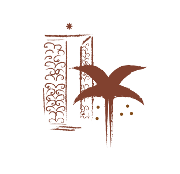 Univers illustratif de la Pink Pepper House - porte décorative avec un palmier devant.
