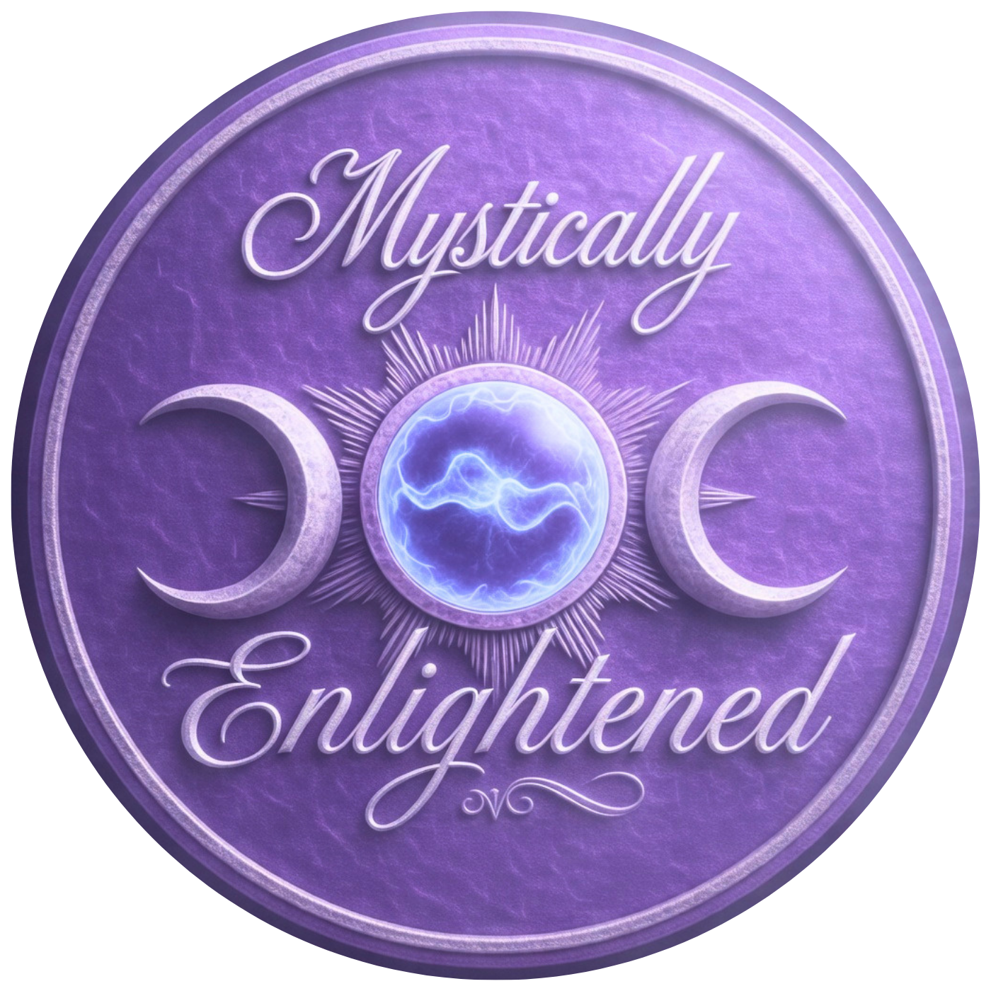 A mystical, illuminated purple circle with the words 'Mystically Enlightened' and a design featuring crescent moons and a central globe with lightning.