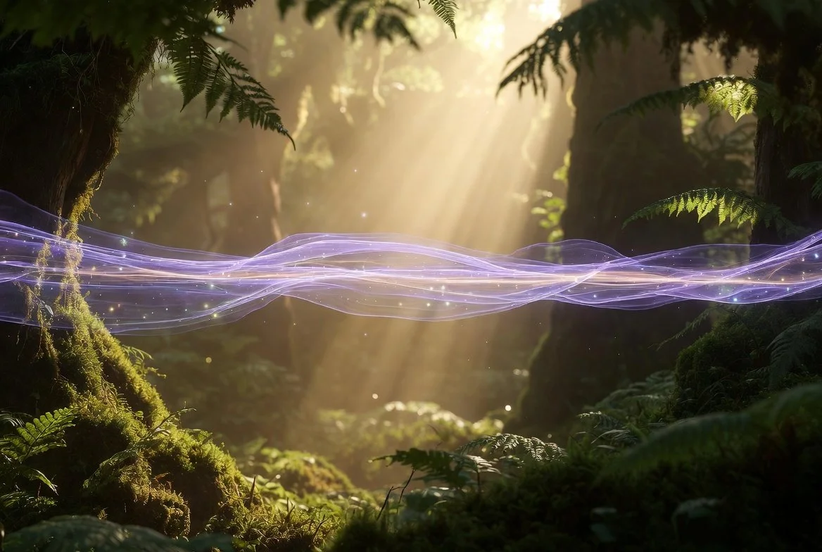 A mystical forest scene with sunlight filtering through trees, and a glowing, shimmering purple energy stream crossing the scene horizontally.