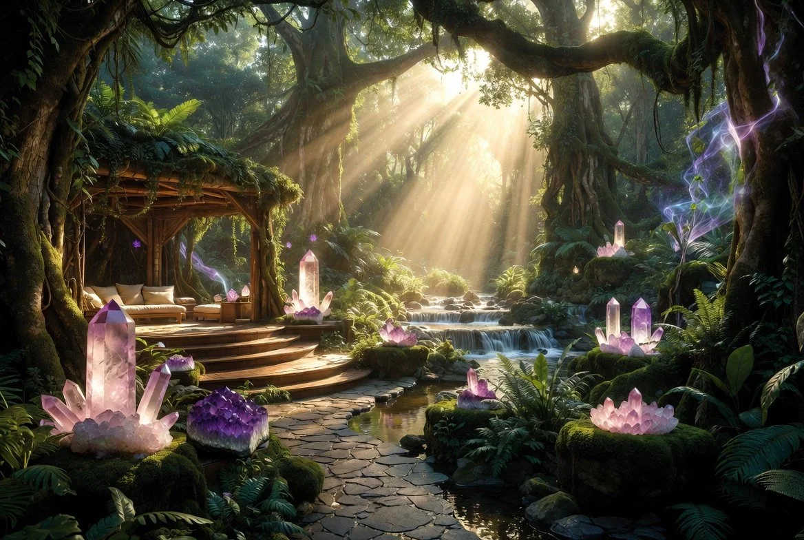 Sunlight filters through a lush, green forest with large, twisted trees. A small stream flows over rocks, leading to a wooden seating area with cushions. Glowing pink, purple, and amethyst-like crystals are scattered throughout the scene, some placed on moss-covered rocks around the stream and others near the seating area, giving the scene a magical, fantasy-like atmosphere.