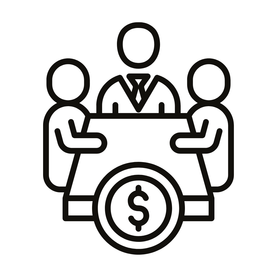 Line drawing of three business people sitting around a conference table with a dollar sign on the table.