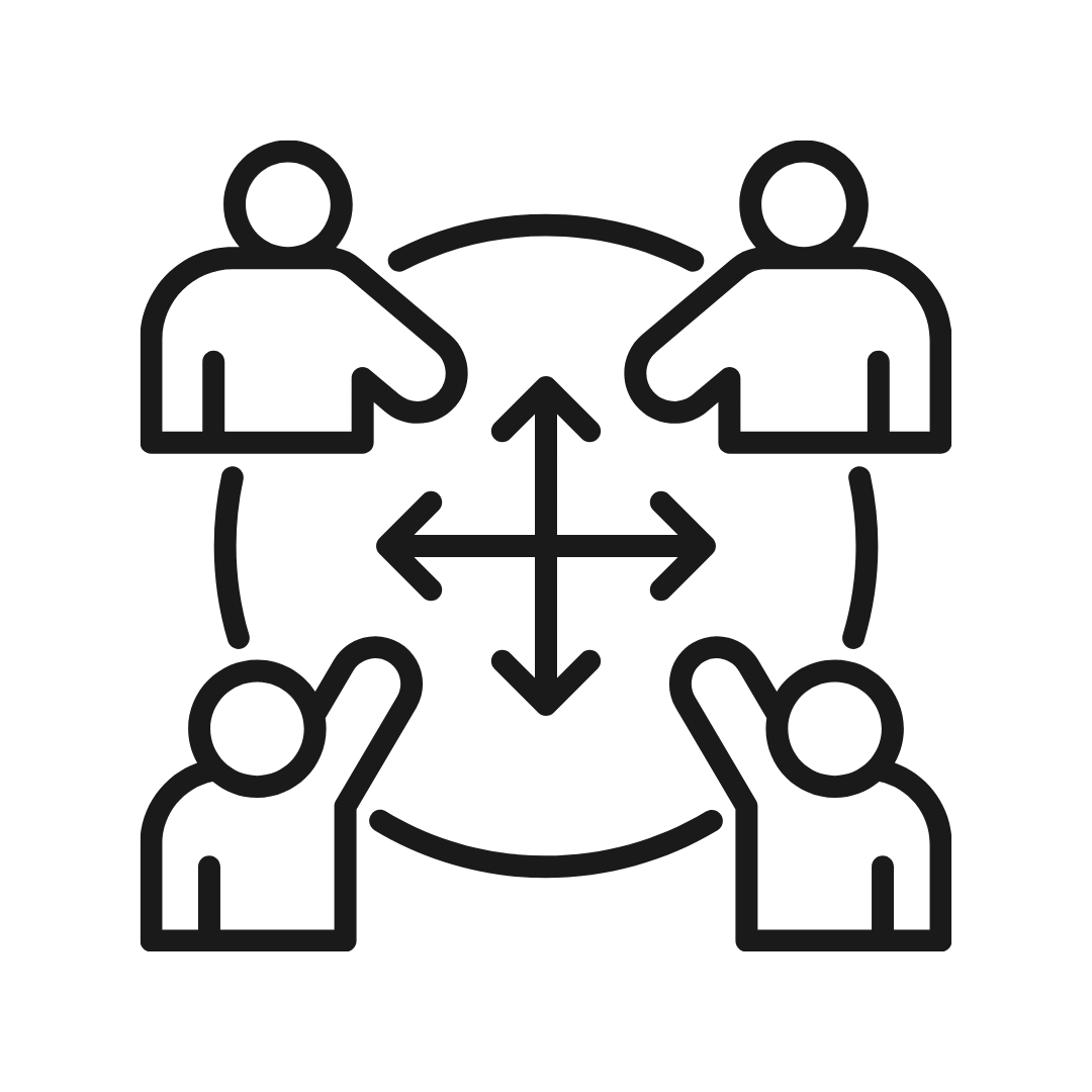 Icon of four people connected in a circle with arrows and an up-down-left-right axis in the center, representing teamwork or collaboration.