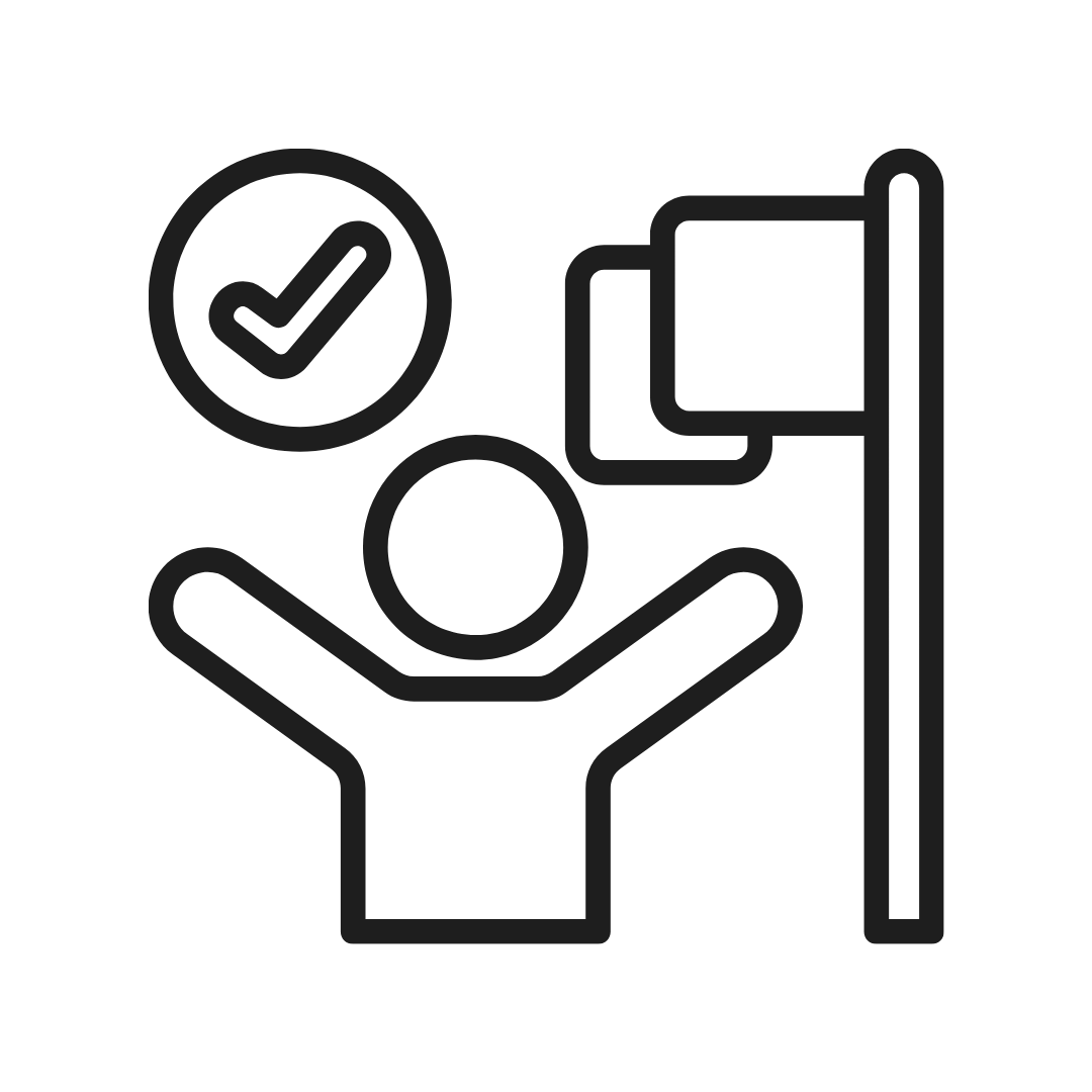 Outline of a person with arms raised, a checkmark inside a circle, and a flag on a pole.
