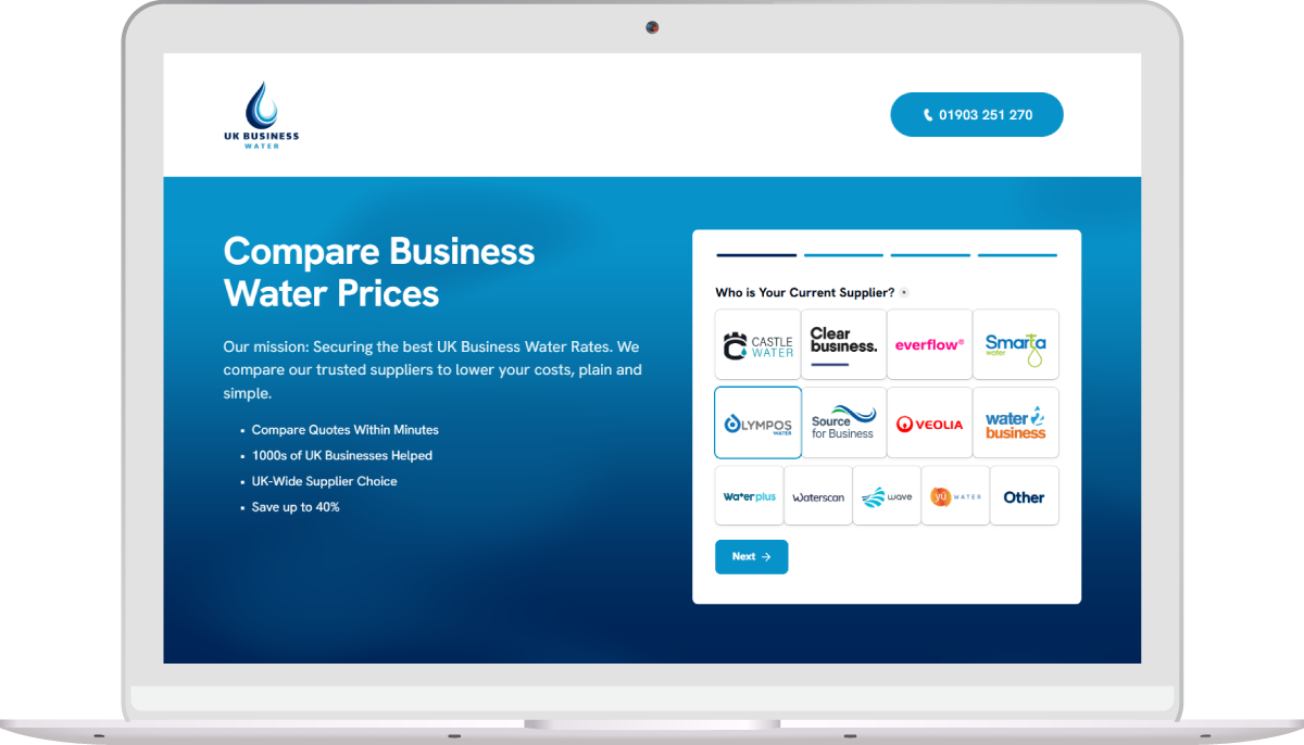 A computer screen displaying a website for comparing UK business water prices. The website has a blue header, logo, and phone number at the top, with a section on the left explaining the mission and benefits of the service, and a section on the right asking about current suppliers with various supplier logos. There is a blue 'Next' button below.