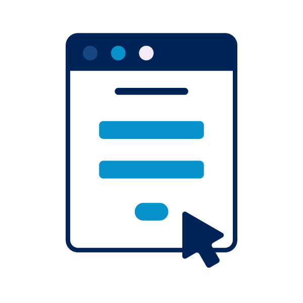 Graphic of a mobile device screen displaying a form with several blue fields and a cursor pointing at a button.