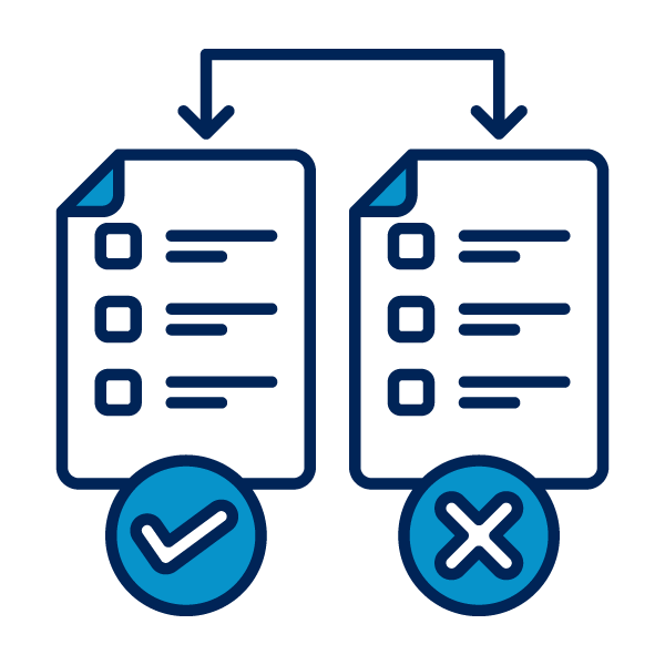 Icon showing two documents, one with a checkmark and the other with an X, connected by arrows indicating approval or rejection.