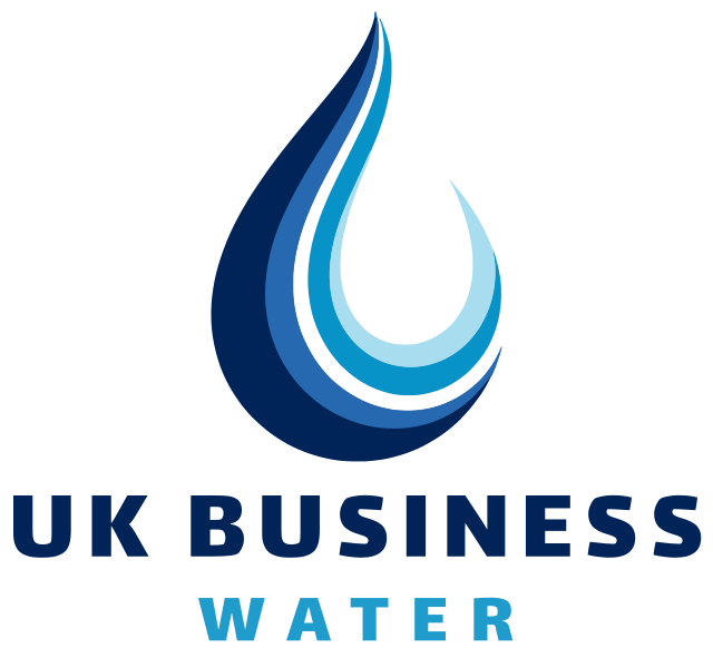 Logo for UK Business Water featuring a stylized water droplet in dark and light blue with the text 'UK Business Water' below.