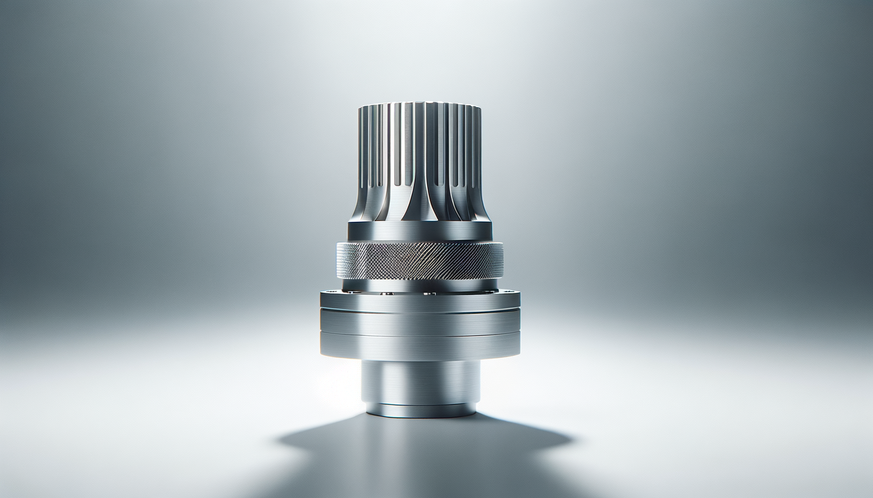 Close-up of a metallic mechanical component, possibly a precision tool or part, placed on a reflective surface with a gradient background.