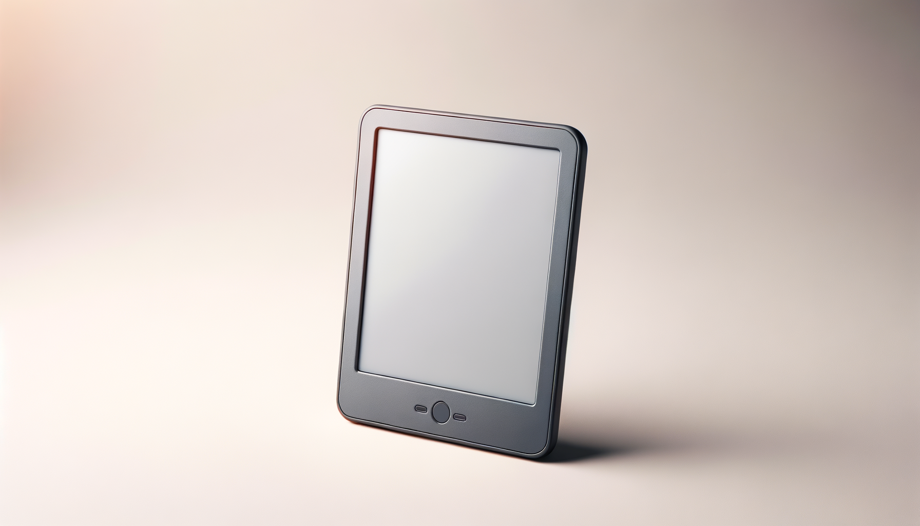 A portable e-reader with a silver frame and a blank screen, standing upright on a light-colored surface against a plain background.