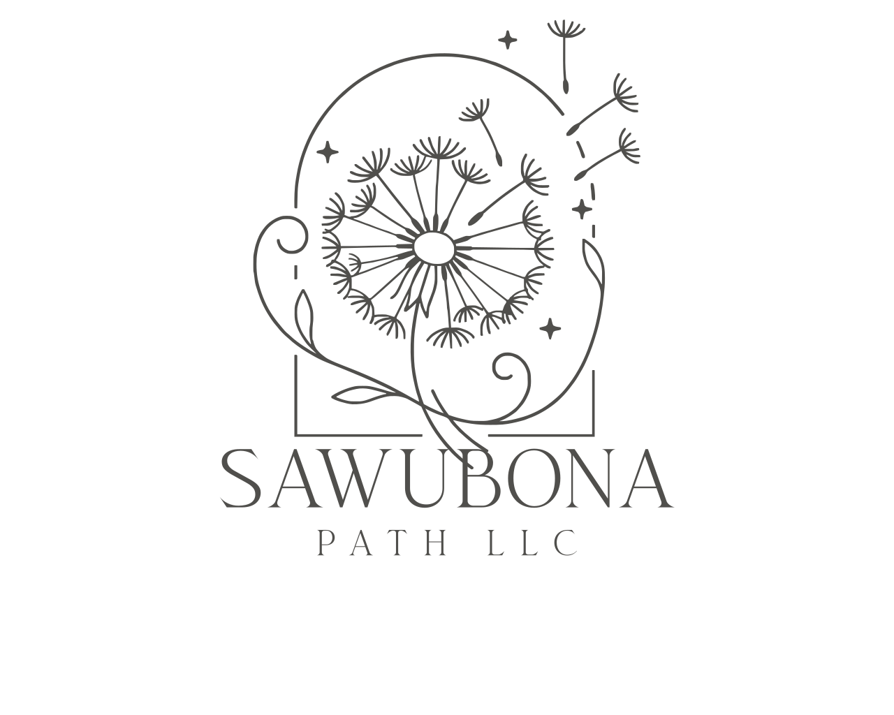 A black and white logo featuring a dandelion with seeds blowing in the wind, surrounded by small stars and swirls, with the text 'SAWUBONA PATH LLC' beneath.