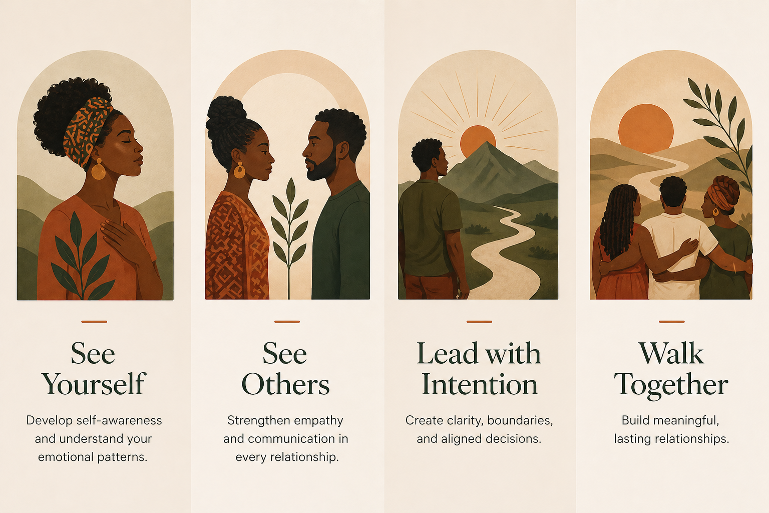Four illustrated panels with people and natural backgrounds. The first panel shows a woman with a crown on her head, hand on chest, with mountains in the background. The second panel shows a woman and a man facing each other with leaves between them. The third panel depicts a man looking at a sunrise over mountains. The fourth panel features a woman, a man, and a woman with a headwrap standing together with hills and a large sun in the background.