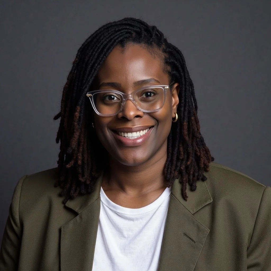 A woman with glasses and dreadlocks smiling at the camera against a dark background.