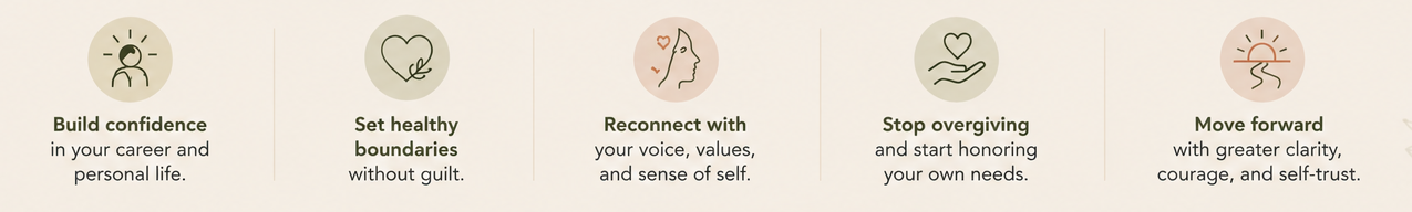 Five icons with motivational messages: Build confidence in career and personal life; Set healthy boundaries without guilt; Reconnect with voice, values, and sense of self; Stop overgiving and honor own needs; Move forward with clarity, courage, and self-trust.