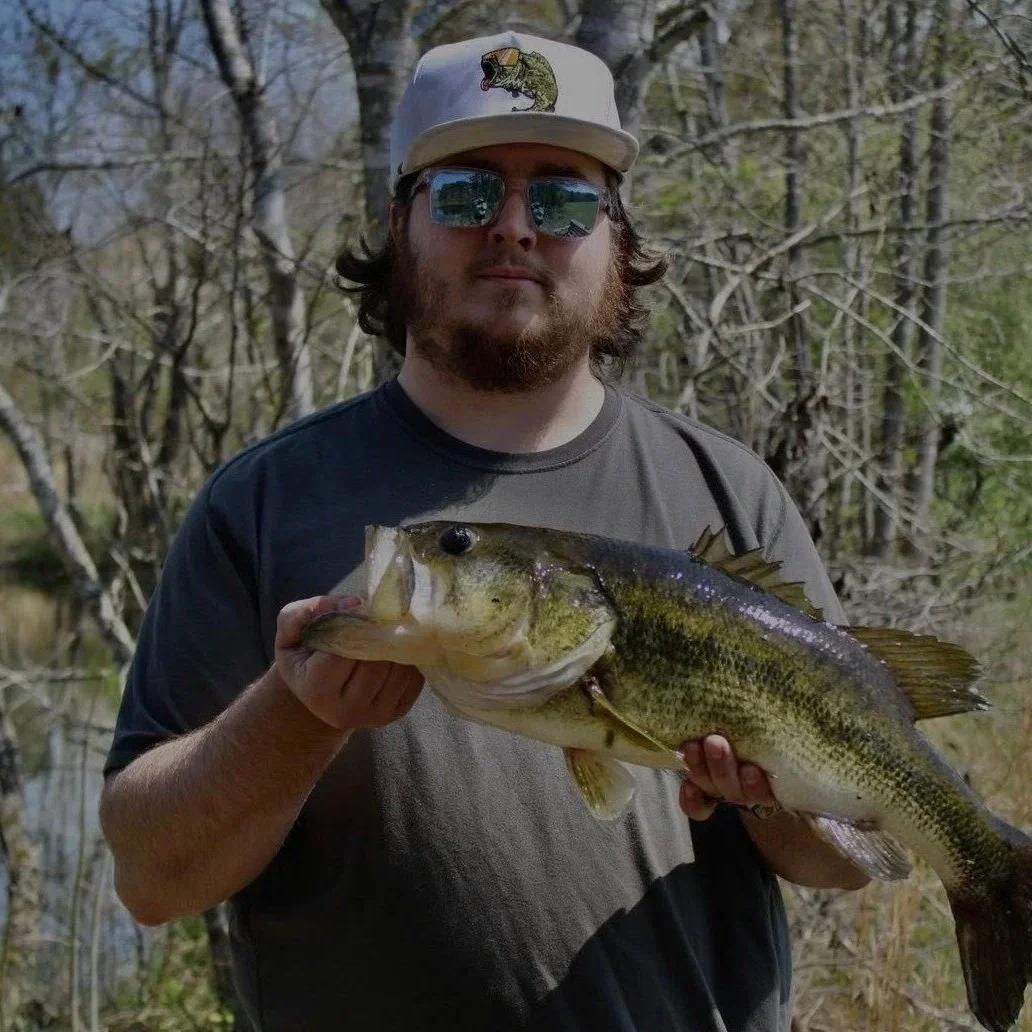 A man with sunglasses, wearing a hat with a turtle on it, holding a large fish in an outdoor wooded area.