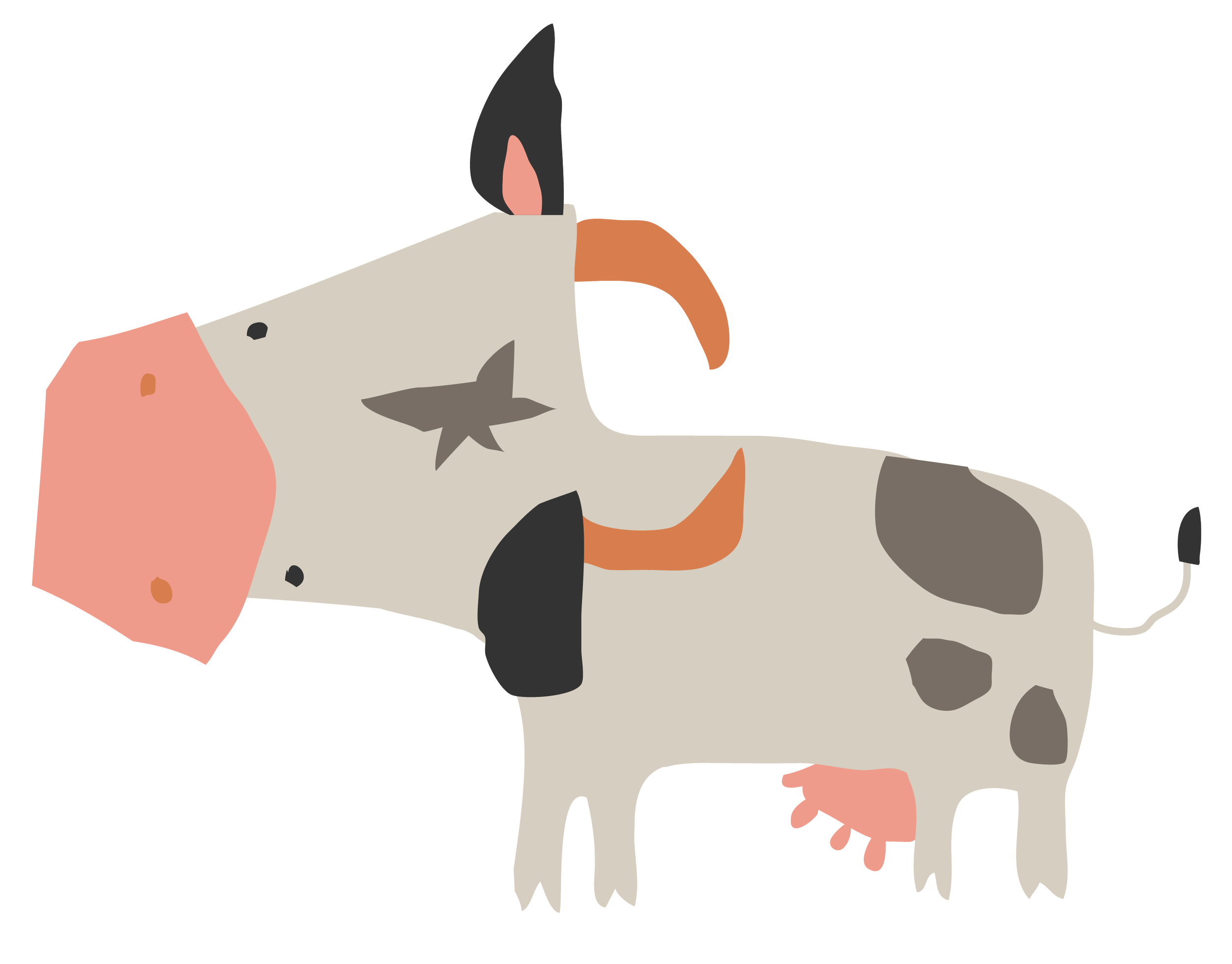 A group of cartoon cows with different color patches standing together, facing forward.