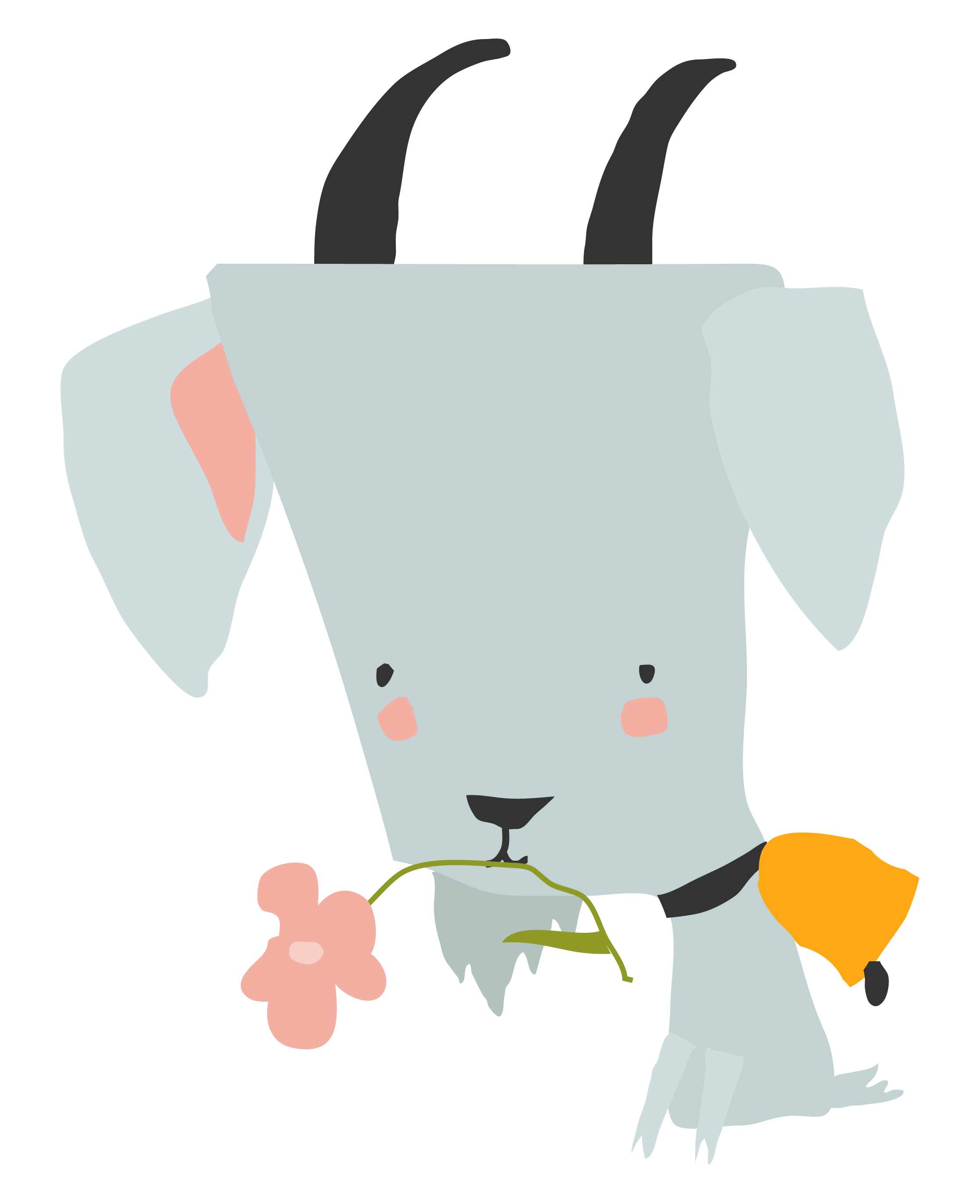 A gray and white cartoon dog with floppy ears, holding a bunch of flowers in its mouth, standing on its hind legs against a black background.