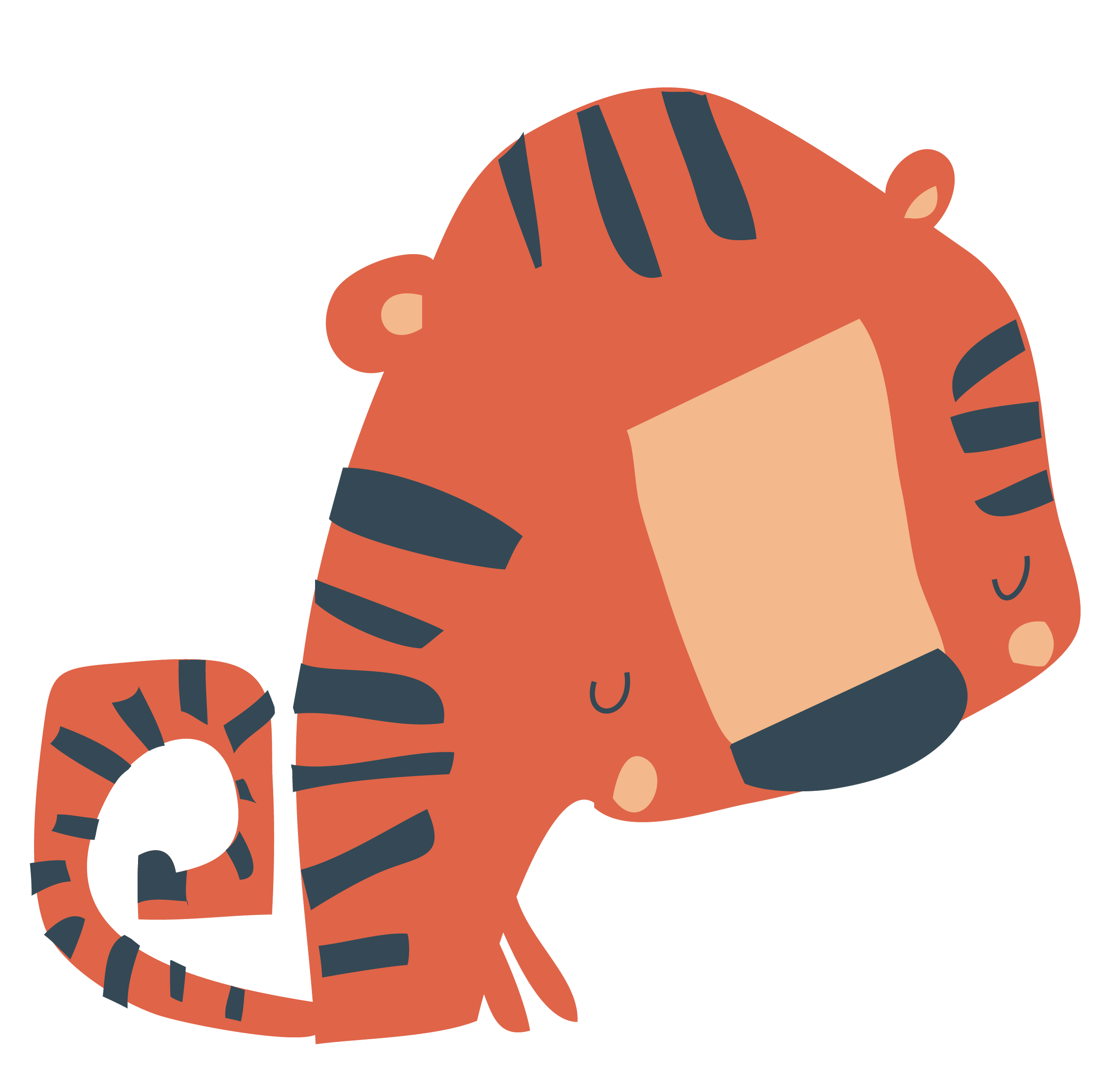 A digital illustration of an orange tiger with black stripes, sitting and smiling.