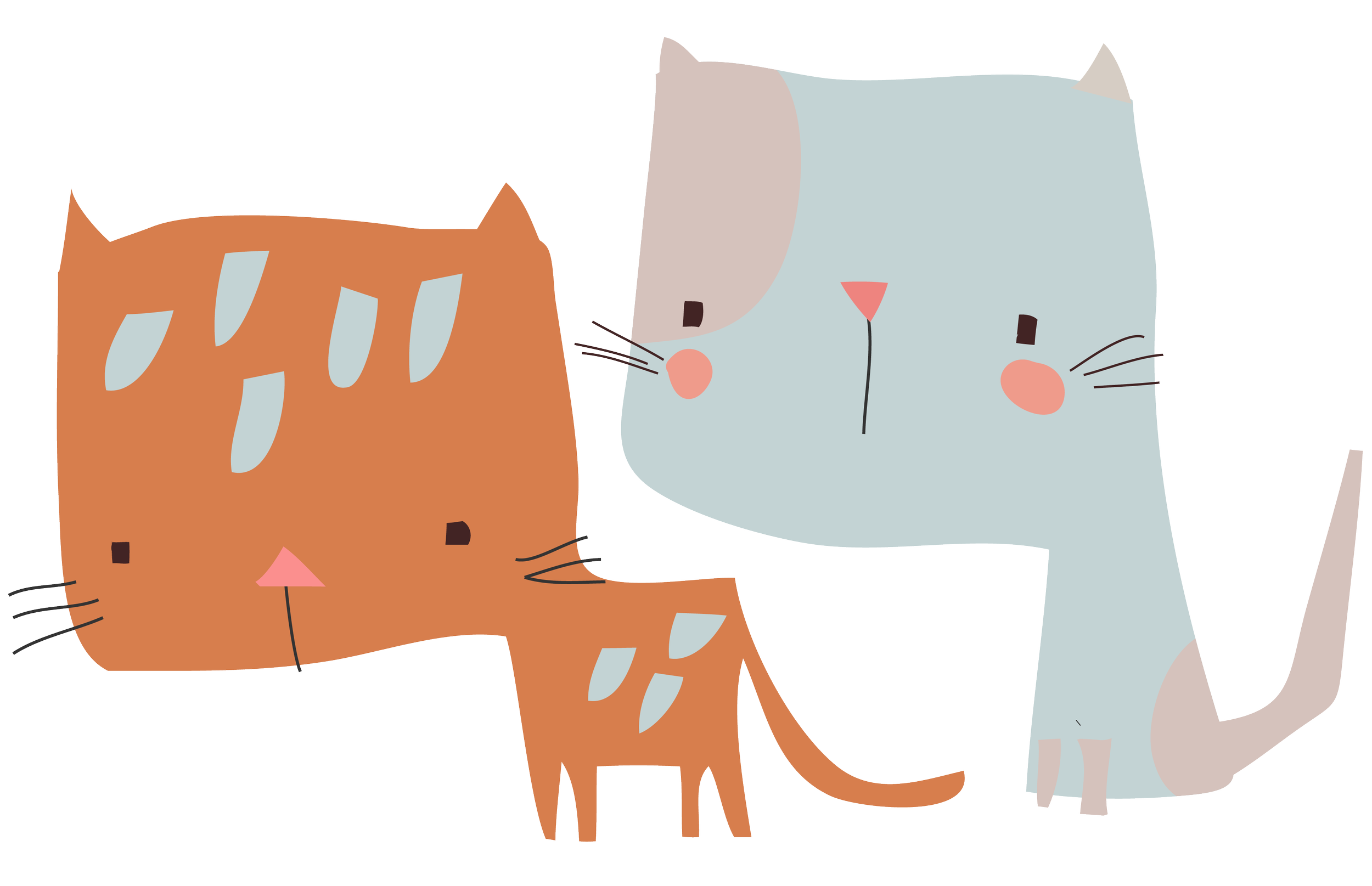 Two illustrated cats, one orange and one gray, with simple features and blush cheeks, are close together.