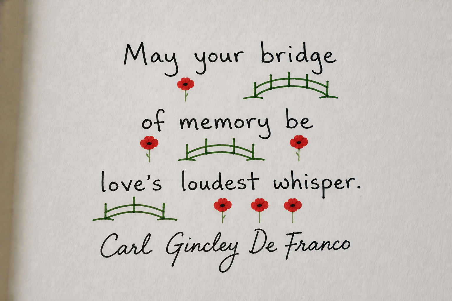 A greeting card with a quote by Carl Gindey De Franco, saying "May your bridge of memory be love's loudest whisper," decorated with small red flowers and green bridges.