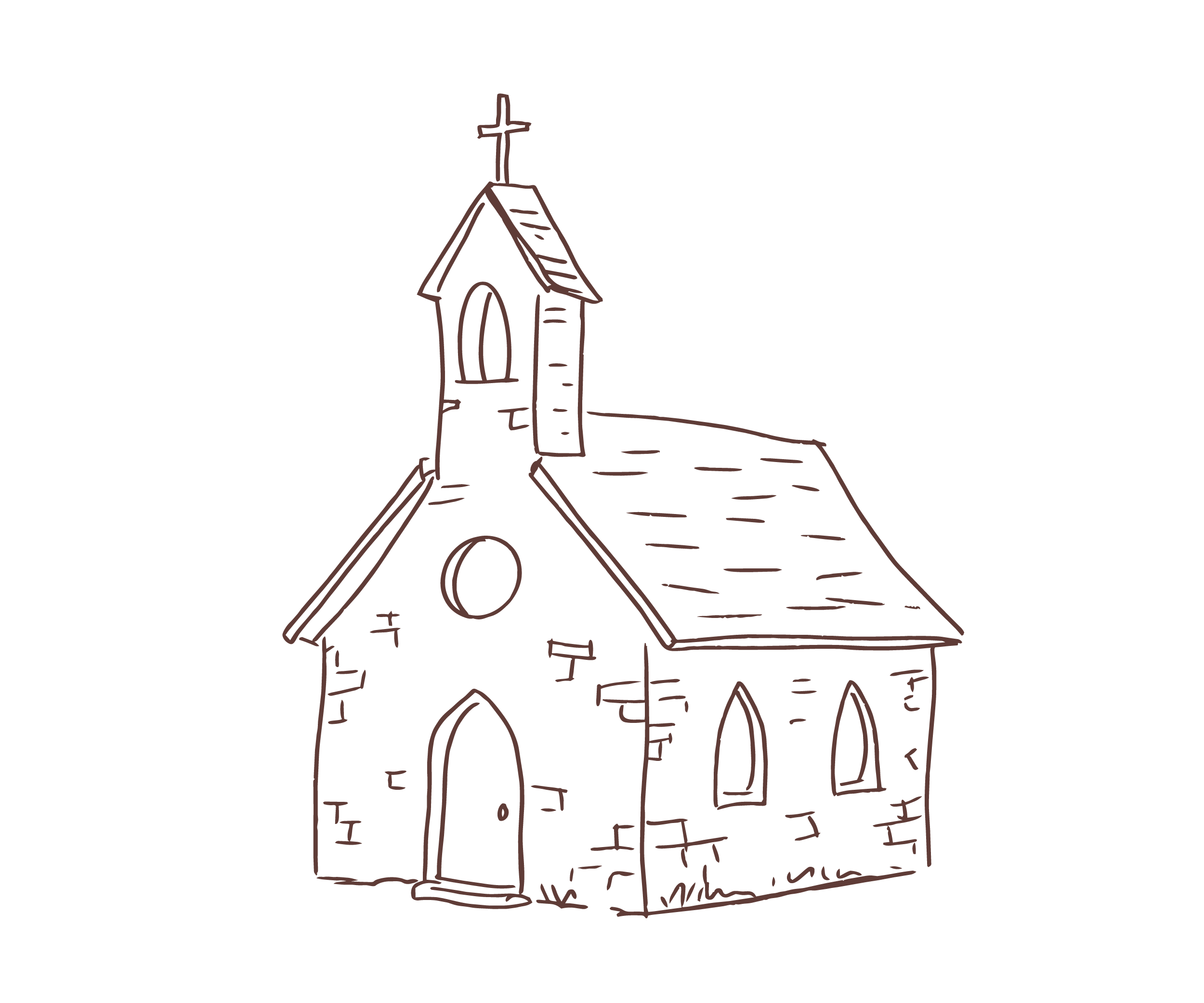 Line drawing of a church with a steeple topped by a cross, a pointed arched door, and stained glass windows.
