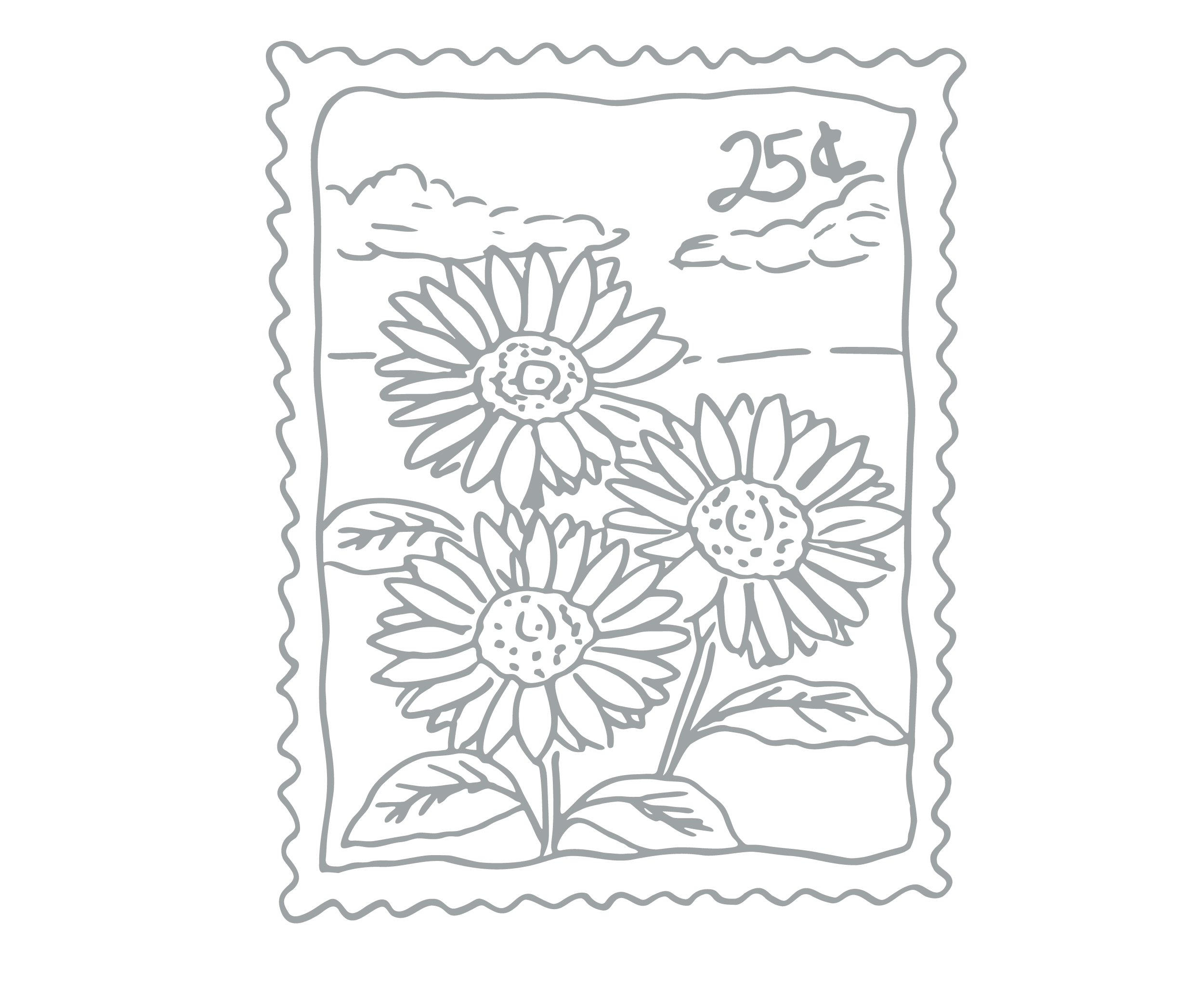 A stylized line drawing of a flower seed packet with daisies, a cloud, and a dollar amount of 25 cents.