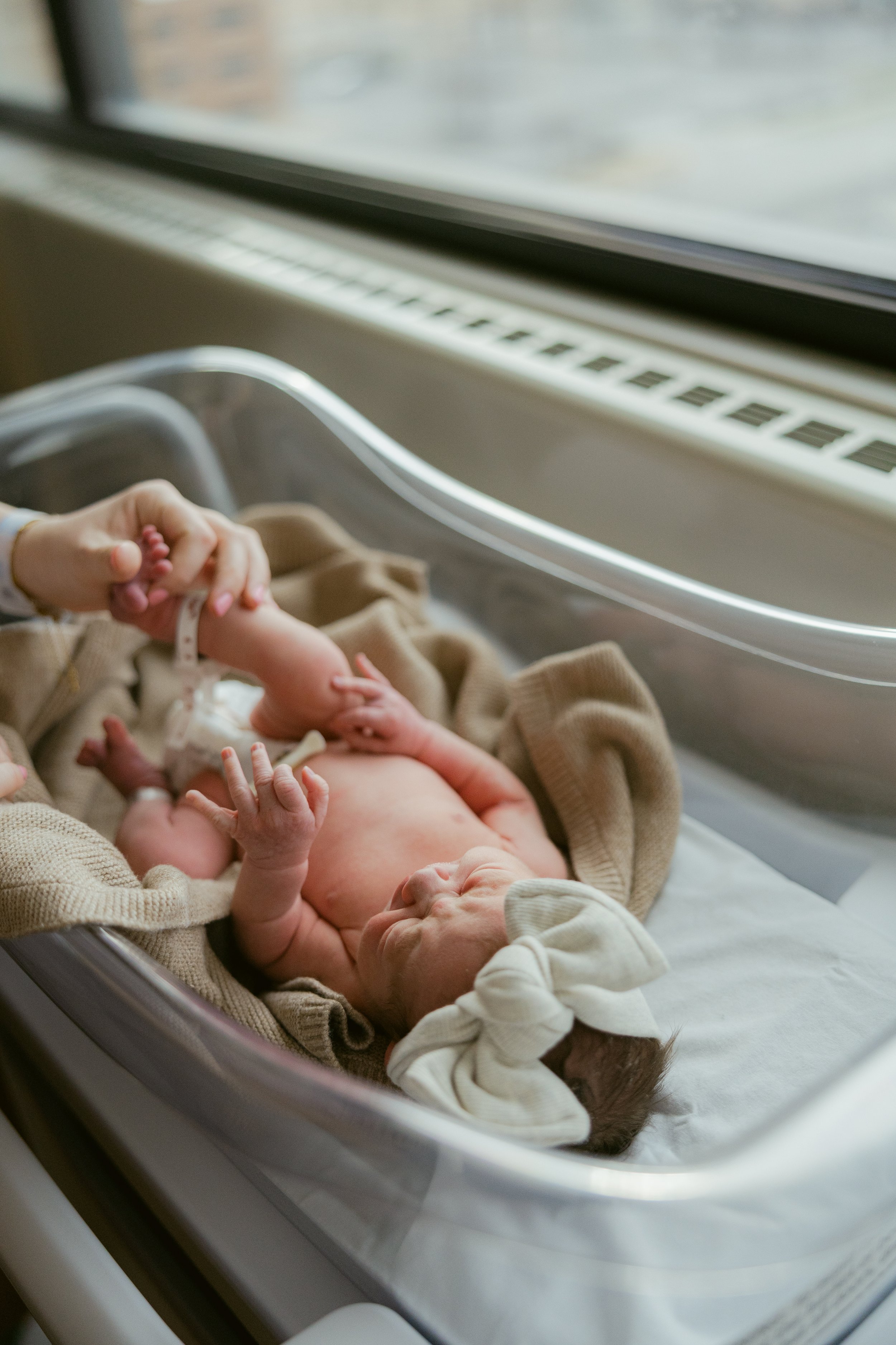 Newborn baby lying in a hospital bassinet, holding an adult's hand, with medical wristbands and beige blankets.