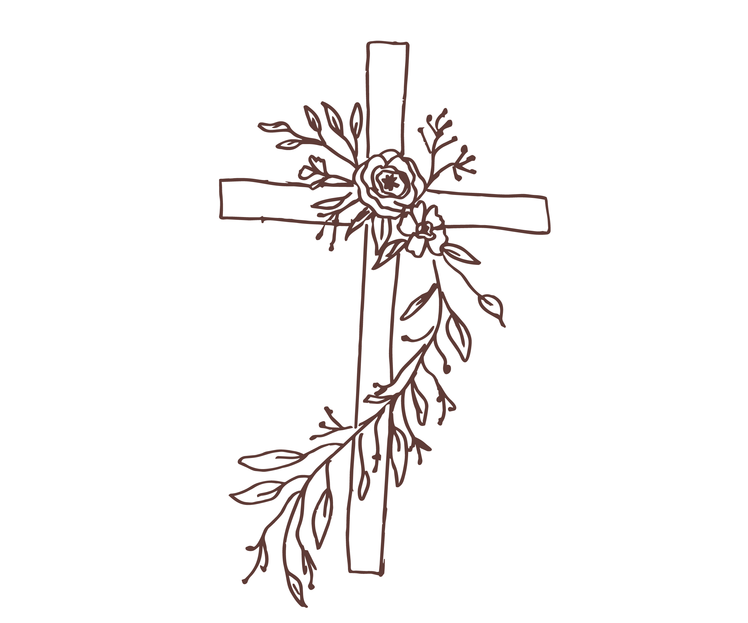 A simple line drawing of a cross adorned with flowers and leaves.