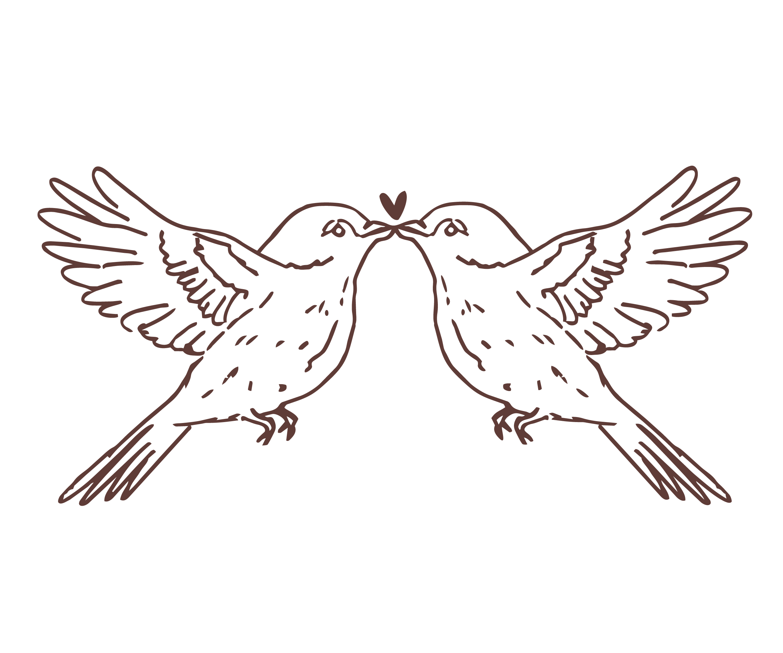A line drawing of a bird with outstretched wings, holding a heart above its head, enclosed by a symmetrical floral design.