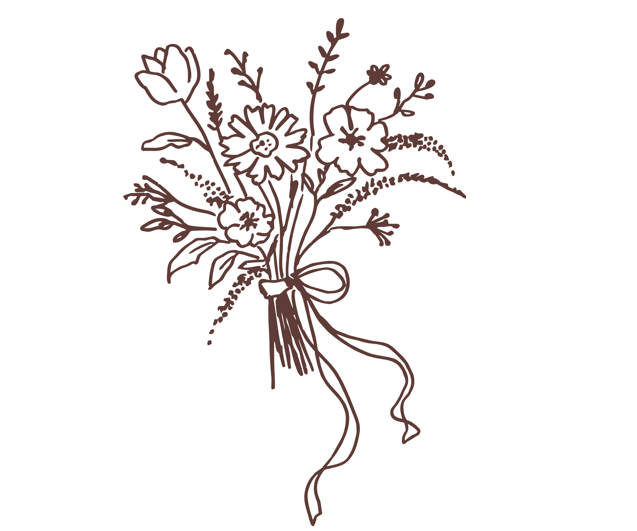 A minimalist line drawing of a bouquet of flowers tied with a ribbon, depicted in a dark brown color on a black background.