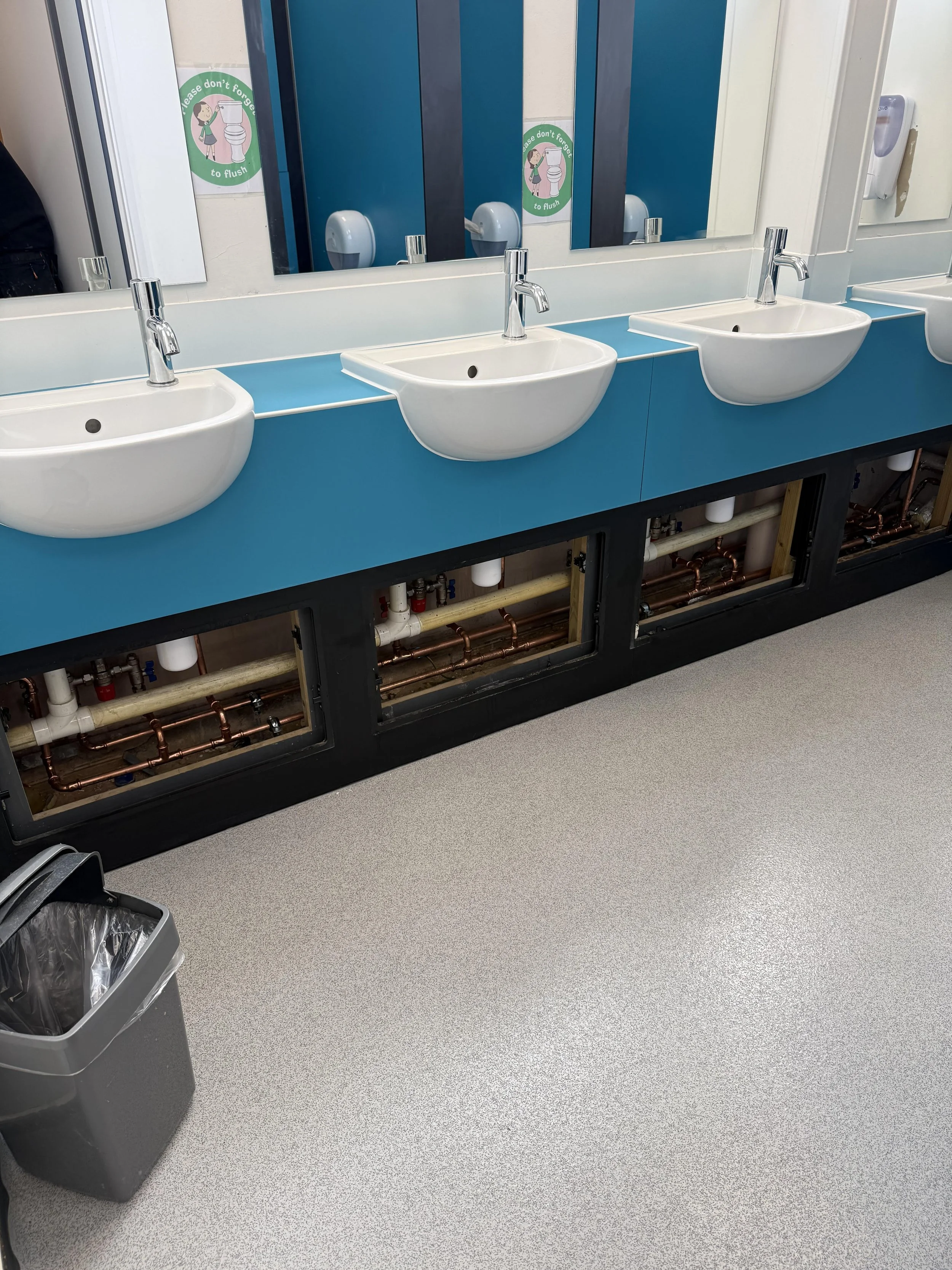 Three bathroom sinks with mirrors above them, with signs on the wall reminding people to flush, and a trash can on the floor.