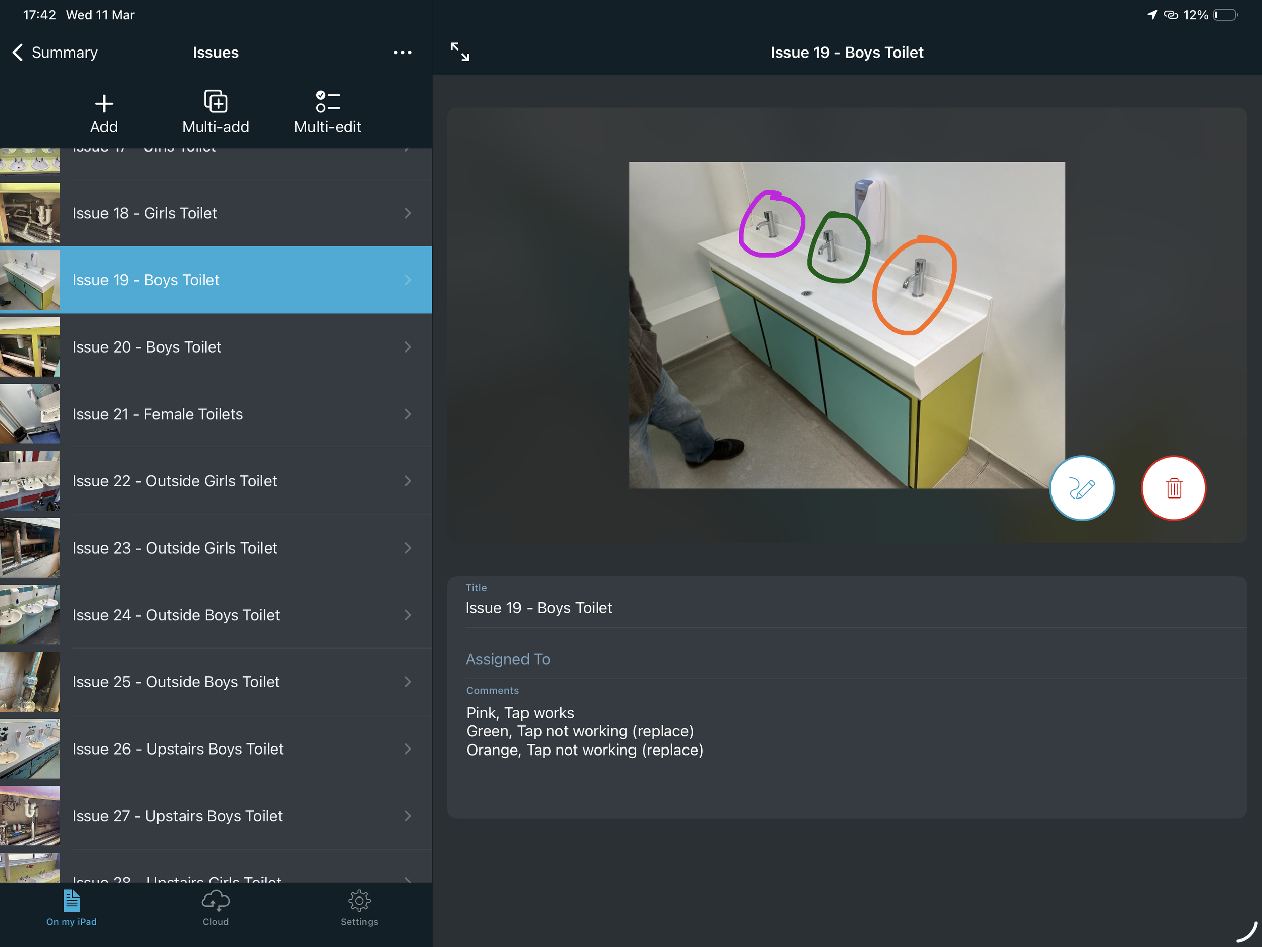 A picture of three sinks with colored circled targets (pink, green, orange) above each sink, indicating issues with the taps for boys' toilets in a children's restroom.