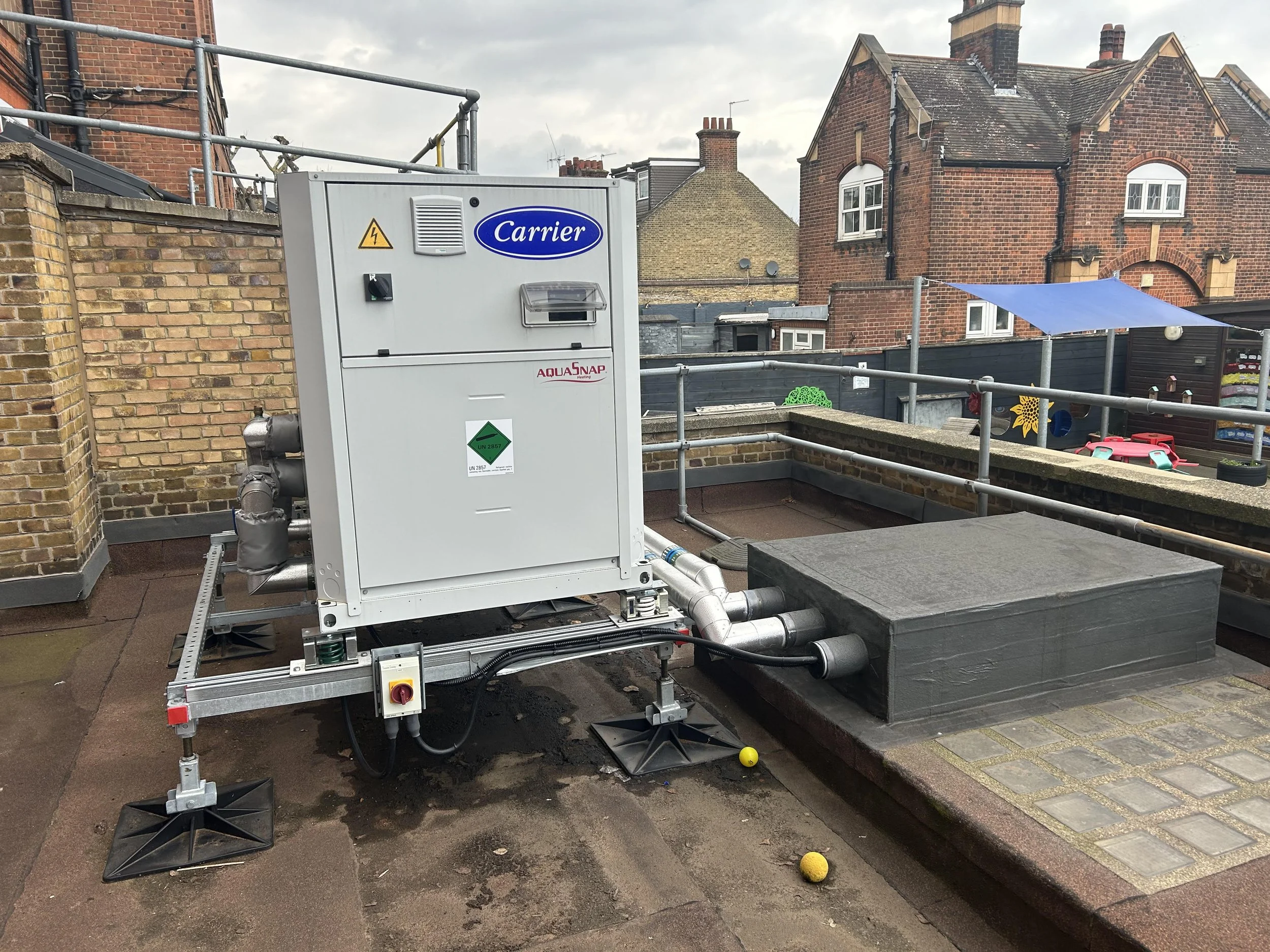 Rooftop HVAC unit with pipes and scaffolding, surrounded by brick buildings and a neighborhood playground in the background.